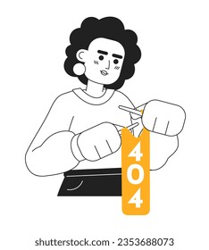 Woman knits black white error 404 flash message. Handmade needlework. Monochrome empty state ui design. Page not found popup cartoon image. Vector flat outline illustration concept