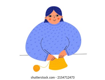 Woman knits. Hand drawn vector illustration on white background