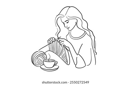 Woman knits with knitting needles continuous line art drawing isolated on white background. Handmade. Vector illustration
