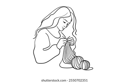 Woman knits with knitting needles continuous line art drawing isolated on white background. Handmade. Vector illustration