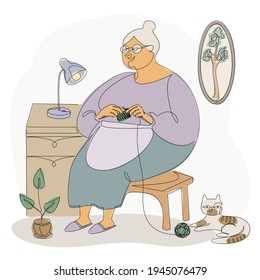 The woman knits with knitting needles and threads. A lady is sitting in a room with a cat. Modern trendy one line style. Solid outline for decor, posters, stickers, logo. Vector illustration.