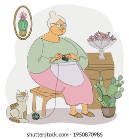 The woman knits with knitting needles and threads. A lady is sitting in a room with a cat. Modern trendy one line style. Solid outline for decor, posters, stickers, logo. Vector illustration.