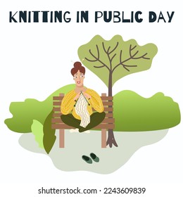 A woman knits in a public place, a park.
World knitting day in public places. Hobby time. Vector cute flat cartoon. Handmade concept. Cartoon character.