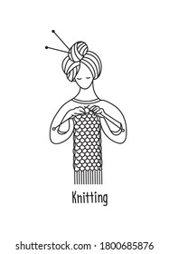 A woman knits a scarf with needles. Line drawing, logo, icon. Vector illustration.