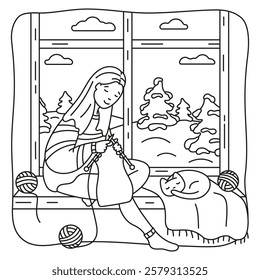 A woman knits sitting by the window, her favorite hobby.