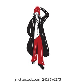 Woman in knitted red hat and black coat with hand in pocket and holding hat is standing. Fashion life style pose casual clothes looks. Hand drawn vector doodle flat illustration. Warm winter outfit.