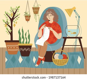 Woman knitting in cute cozy room with lot of houseplants in pods, flat vector illustration. Female character enjoying her hobby and recreation at home.