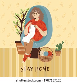 Woman knitting and enjoying her hobby at home, flat vector illustration. Stay home card or banner template with woman resting in comfortable interior of green house.