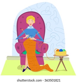Woman knitting a long scarf, sitting in an armchair (Fifties style)