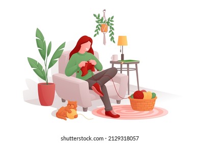 Woman knitting needles warm clothes, handcraft hobby vector illustration. Home needlework flat style concept. Knitwork idea