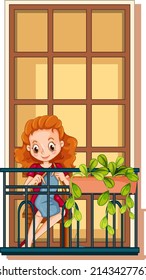 A woman knitting on the balcony illustration
