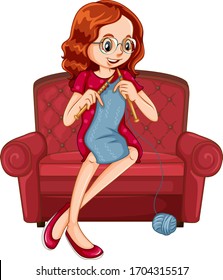 Woman Knitting On The Big Armchair On White Background Illustration