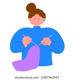 woman knitting a scarf, cozy handmade craft flat vector illustration