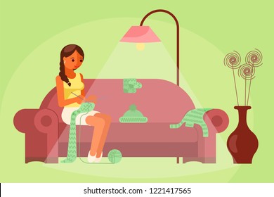 Woman knitting scarf while sitting on sofa with knitted winter clothes hat, mitten, sweater laid on it. Vector illustration in flat style. Craft hobby and handicraft knitting concept design element.