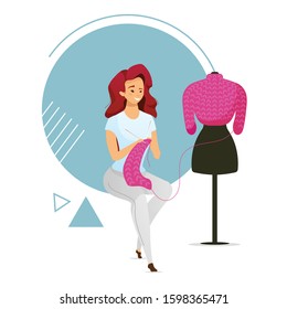 Woman knitting sweater flat color vector illustration. Female character creating garment. Girl making clothing item. Handmade knitwear. Fashion studio. Isolated cartoon character on white background