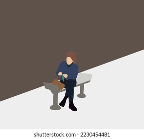 Woman knitting sweater for her grandchildren sitting on a park bench. Pleasure of handicraft work