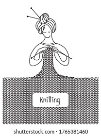 A woman knitting a sweater with needles. Linear drawing, logo, icon. Vector illustration