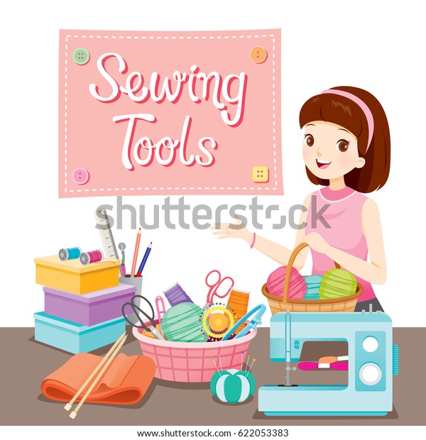 Woman With Knitting Wool In Basket And Sewing\
Kit Set, Needlework, Tailor, Handmade, Dressmaking, Hobby,\
Profession, Occupation