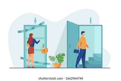 Woman knocking to locked and closed door flat vector illustration. Man entering open door and walking up stairs. Inequality in career, business opportunities. Social problem and discrimination concept