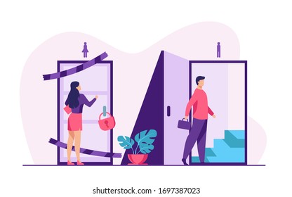 Woman knocking to locked and closed door flat vector illustration. Man entering open door and walking up stairs. Inequality in career, business opportunities. Social problem and discrimination concept