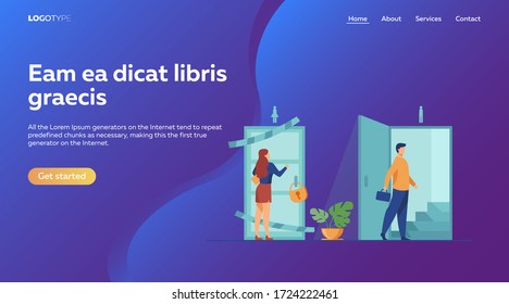 Woman knocking to locked and closed door flat vector illustration. Man entering open door and walking up stairs. Inequality in career, business opportunities. Social problem and discrimination concept