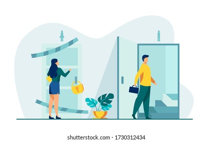 Woman knocking to locked and closed door flat vector illustration. Man entering open door and walking up stairs. Inequality in career, business opportunities. Social problem and discrimination concept