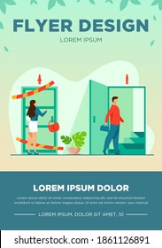 Woman knocking to locked and closed door flat vector illustration. Man entering open door and walking up stairs. Inequality in career, business opportunities. Social problem and discrimination concept