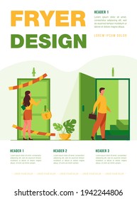 Woman knocking to locked and closed door flat vector illustration. Man entering open door and walking up stairs. Inequality in career, business opportunities. Social problem and discrimination concept