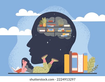 Woman with knowledge. Young girl lies with book on background of abstract head silhouette. Fantasy and imagination, cute dream. Poster or banner for website. Cartoon flat vector illustration