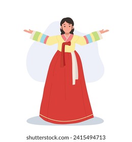 Woman in Korean Traditional Dress Hanbok Proudly Presenting Cultural Elegance.