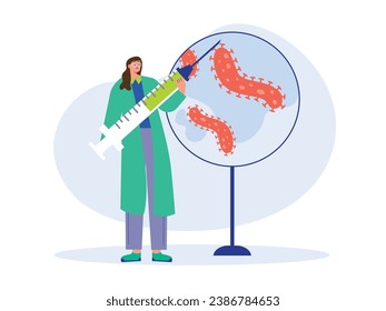 A woman in a lab coat carrying a big injection that will be injected into a large bacterium. Character design. Vector flat illustrationv