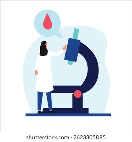 Woman in a lab coat examining a specimen through a microscope. Perfect for medical, science, research, educationthemed projects