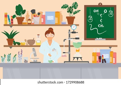Woman in lab coat and glasses working in organic laboratory, vector flat style design illustration. Organic chemistry lab, plant breeding and agricultural genetics concept for poster, banner etc.