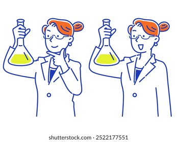 Woman in lab coat holding up and looking at Erlenmeyer flask
