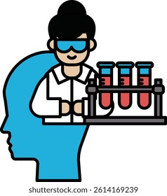 A woman in a lab coat holding a tray of three red test tubes. Concept of scientific curiosity and discovery