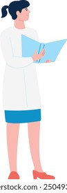 Woman in lab coat with paper folder. Female scientist character
