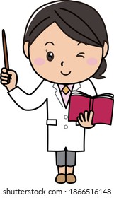 Una mujer en una bata de laboratorio con un puntero y un libro