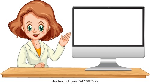 Woman in lab coat presenting beside computer