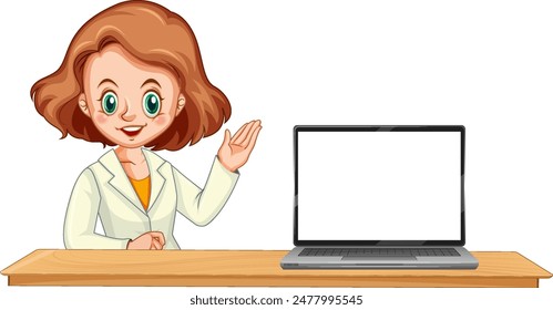 Woman in lab coat presenting with laptop