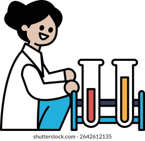 A woman in a lab coat is sitting in front of a lab bench with two beakers. She is smiling and she is enjoying her work