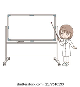 Woman in lab coat standing next to whiteboard