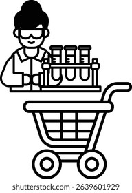 A woman in a lab coat is standing next to a shopping cart. She is holding a bottle and wearing a pair of goggles