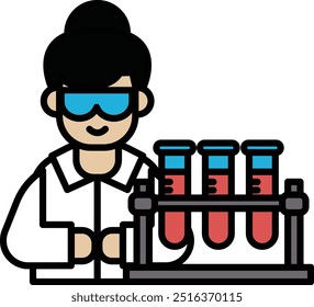 Una mujer con bata de laboratorio lleva gafas azules y sostiene tres tubos de ensayo. Los tubos están llenos de líquido rojo. Concepto de curiosidad científica y experimentación