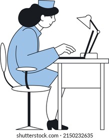 Woman in lab coat working at laptop. Medical staff job