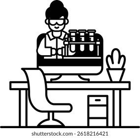 A woman in a lab coat is working on a computer monitor