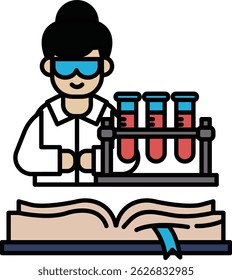 A woman in a lab coat is working with three test tubes. She is wearing safety goggles and is focused on her work. Concept of scientific curiosity and dedication to her research