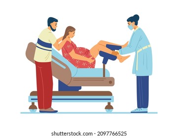 Woman in labor in clinic supporting with doctor, flat vector illustration isolated on white background. Pregnant woman on couch in perinatal centre ready to birth giving.