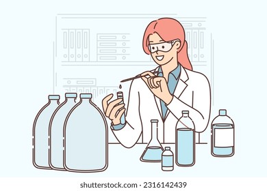 Woman laboratory assistant tests quality of water for presence of microbes and harmful impurities. Professional laboratory specialist conducts chemical analysis for scientific experiment