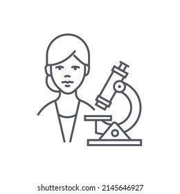 Woman in the laboratory - modern black line design style icon on white background. Detailed image of botanist, chemist or doctor, examining a sample under a microscope. Science, research, profession