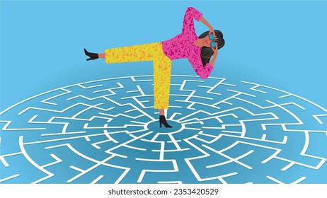 Woman at labyrinth, maze game. trying to find the way with binoculars. Vector illustration.